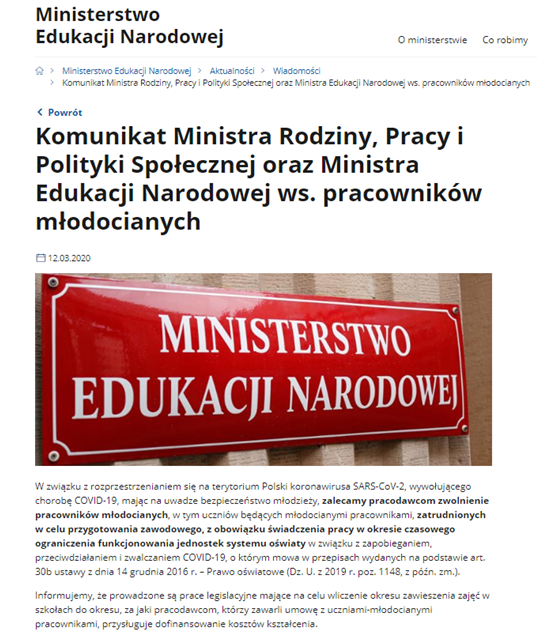 Komunikat w sprawie praktyk pracowników młodocianych