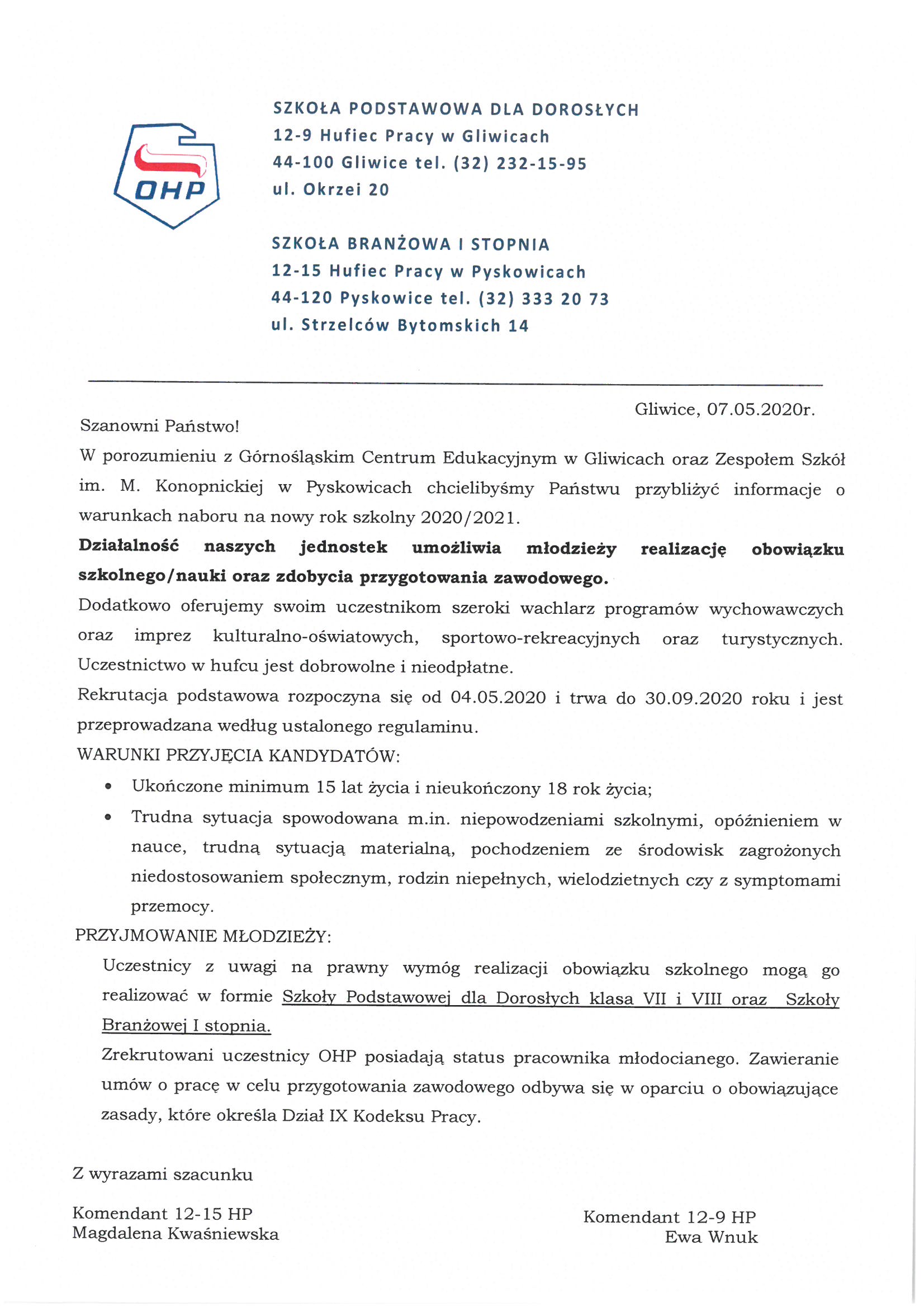 Oferta edukacyjna OHP na rok szkolny 2020/2021