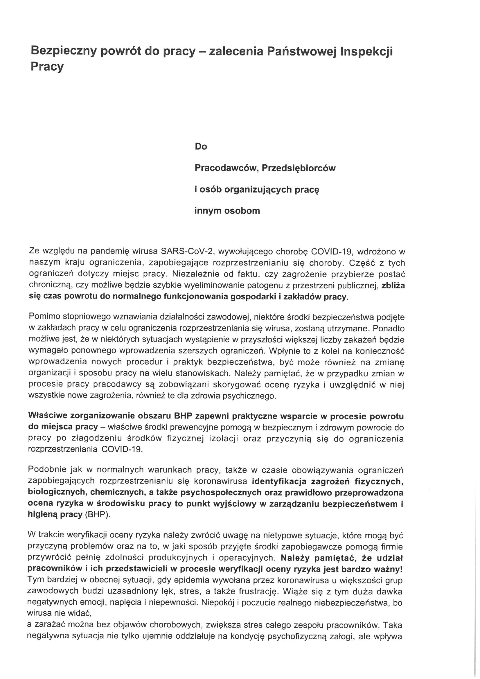 Bezpieczny powrót do pracy - zalecenia Państwowej Inspekcji Pracy