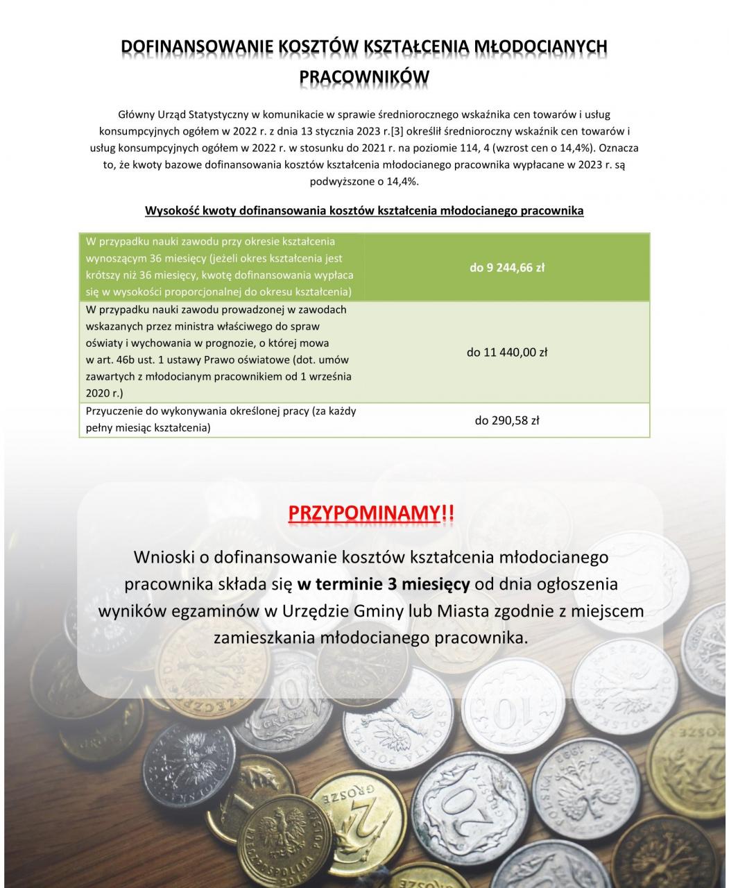 Ważna informacja dla pracodawców ubiegających się o dofinansowanie kosztów kształcenia młodocianych pracowników!!