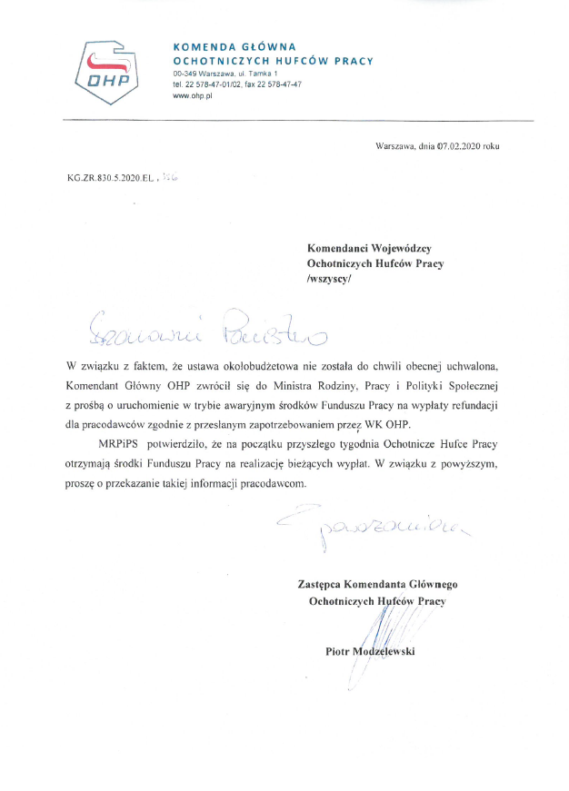 Pismo dot. zabezpieczenia środków na wypłatę refundacji