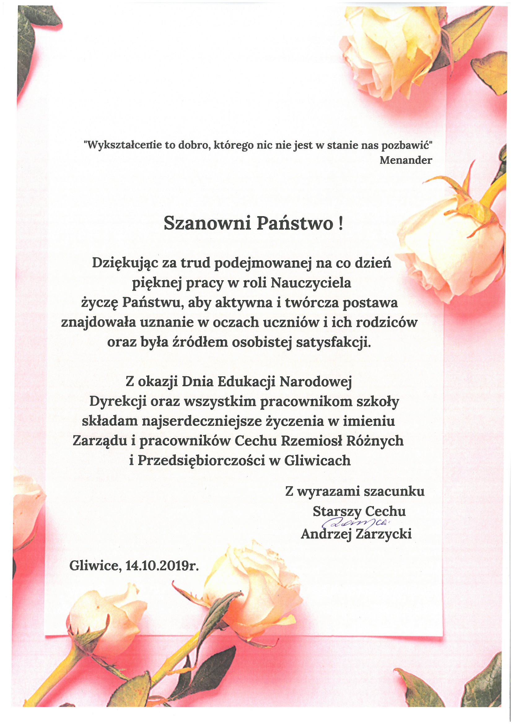 Podziękowania z okazji Dnia Edukacji Narodowej 14.10.2019r.