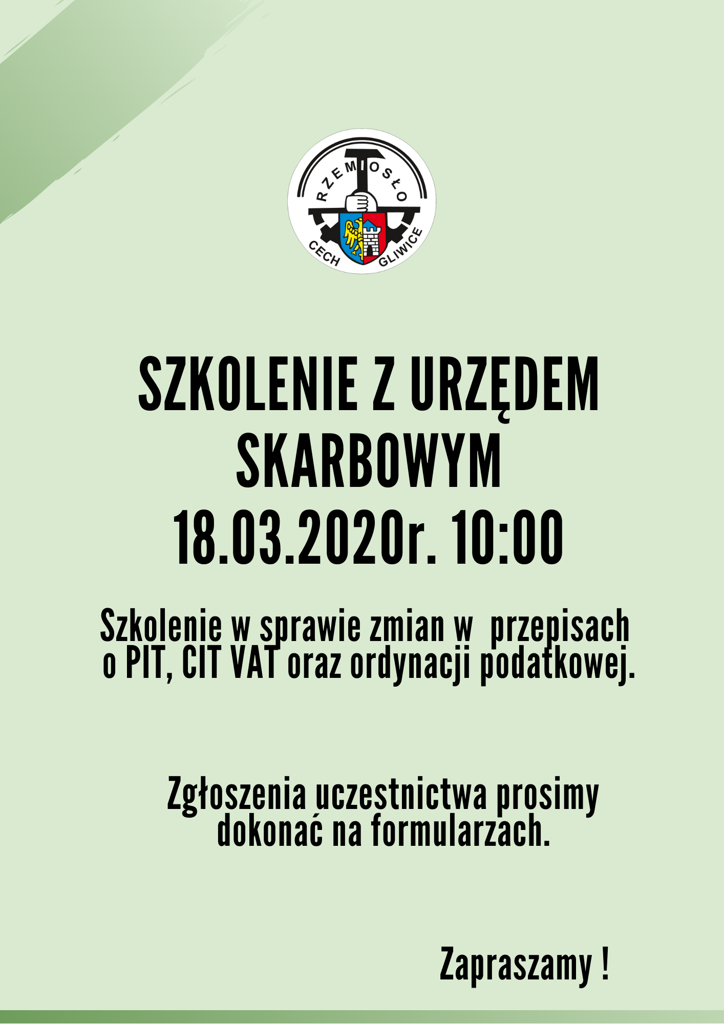 Szkolenie z Urzędem Skarbowym 18.03.2020r. Zapraszamy !!
