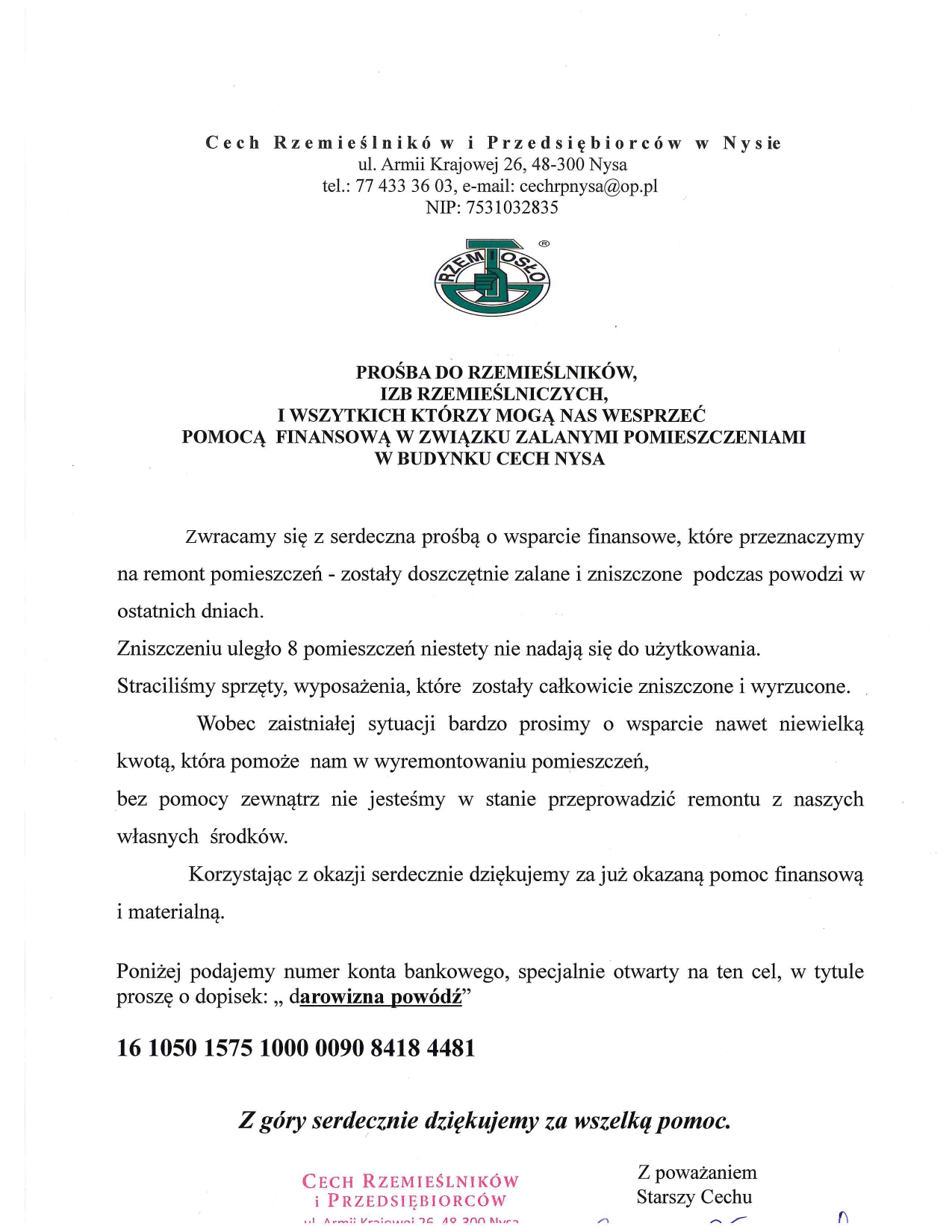 Prośba o wsparcie dla Cechu w Nysie