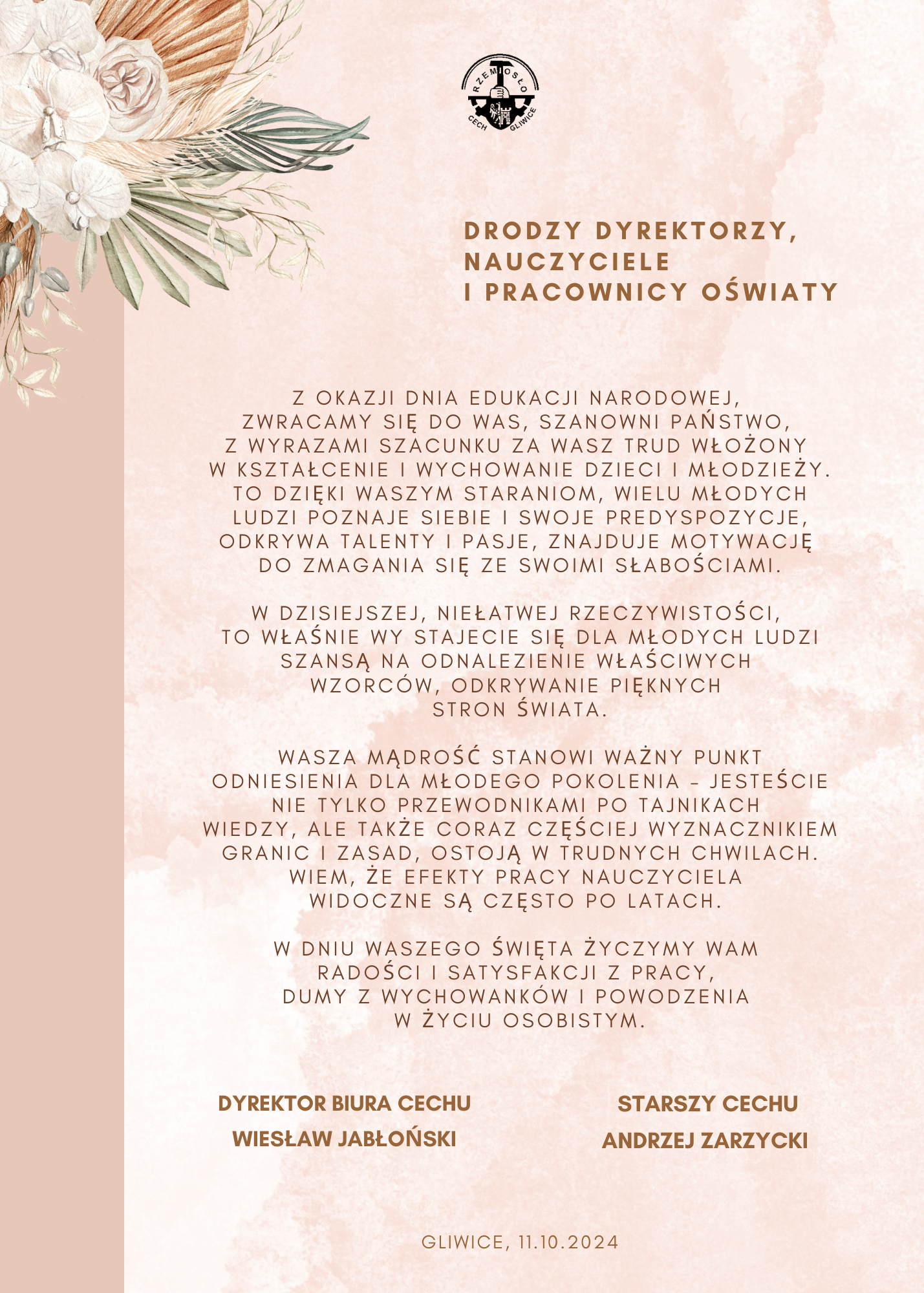 Życzenia z okazji Dnia Edukacji Narodowej dla Dyrektorów, Nauczycieli i Pracowników Szkół Współpracujących